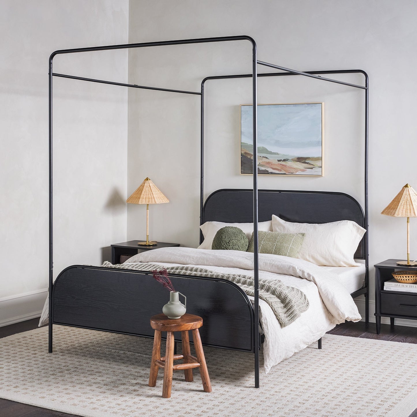 Metro Modern Metal and Wood Canopy Queen Bedframe