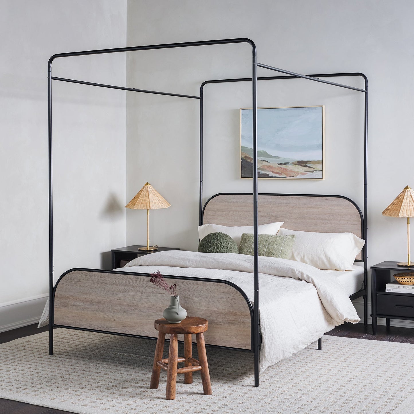 Metro Modern Metal and Wood Canopy Queen Bedframe