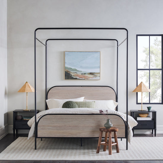 Metro Modern Metal and Wood Canopy Queen Bedframe