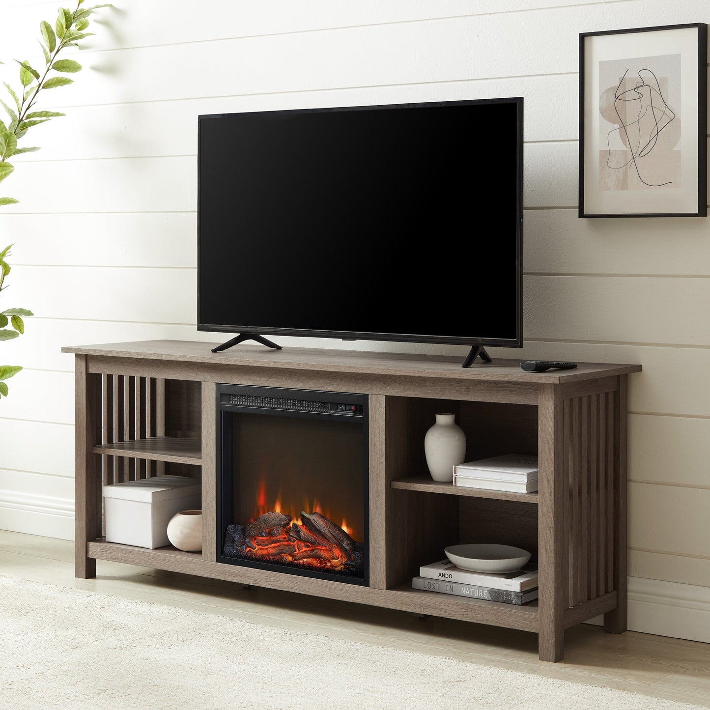 Mission-Style Fireplace TV Stand for TVs up to 65”