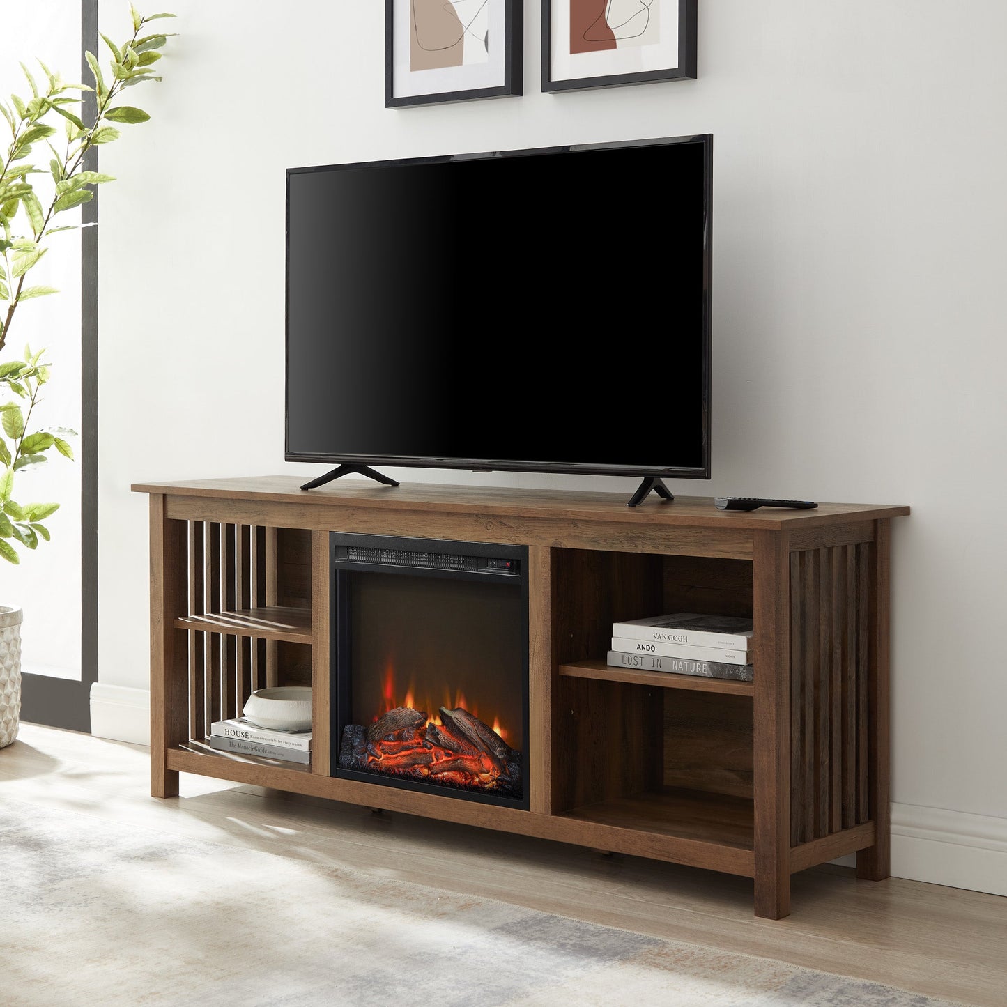 Mission-Style Fireplace TV Stand for TVs up to 65”