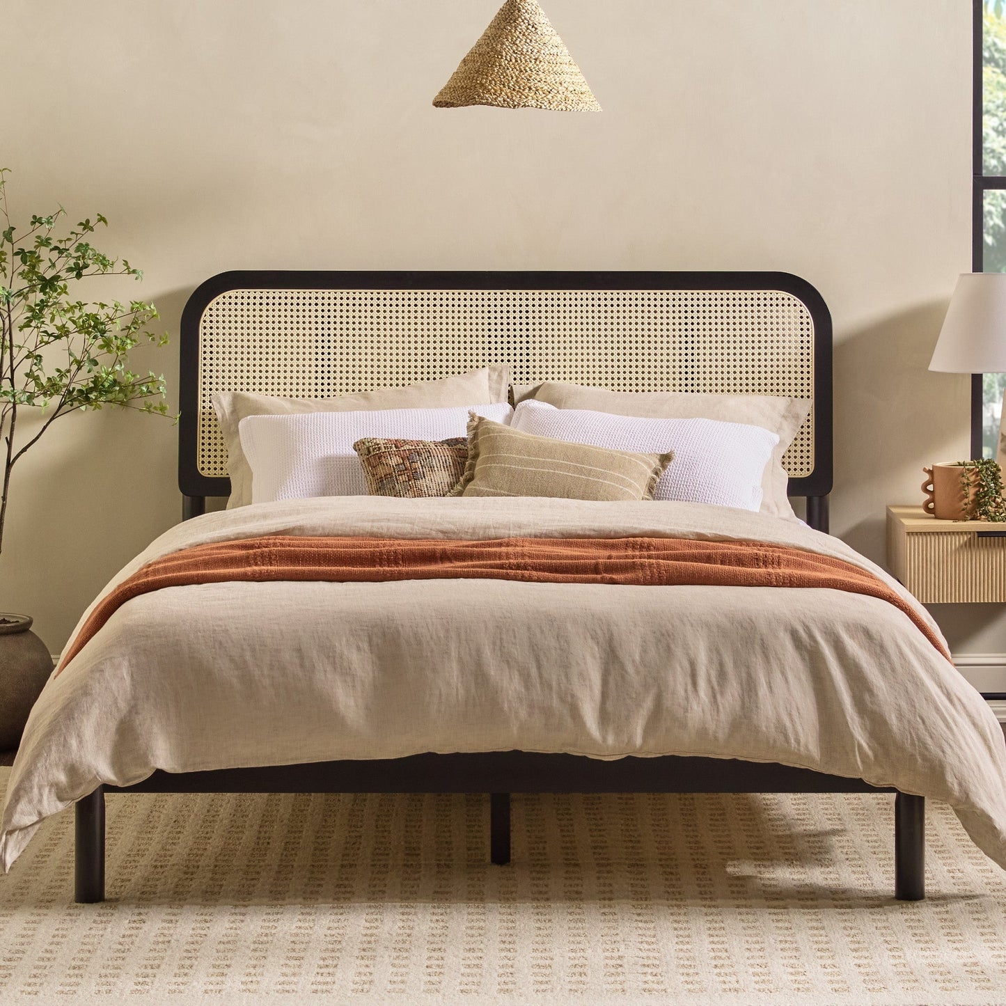 Neru Boho Curved Rattan-Headboard Bed Collection (Queen or King)