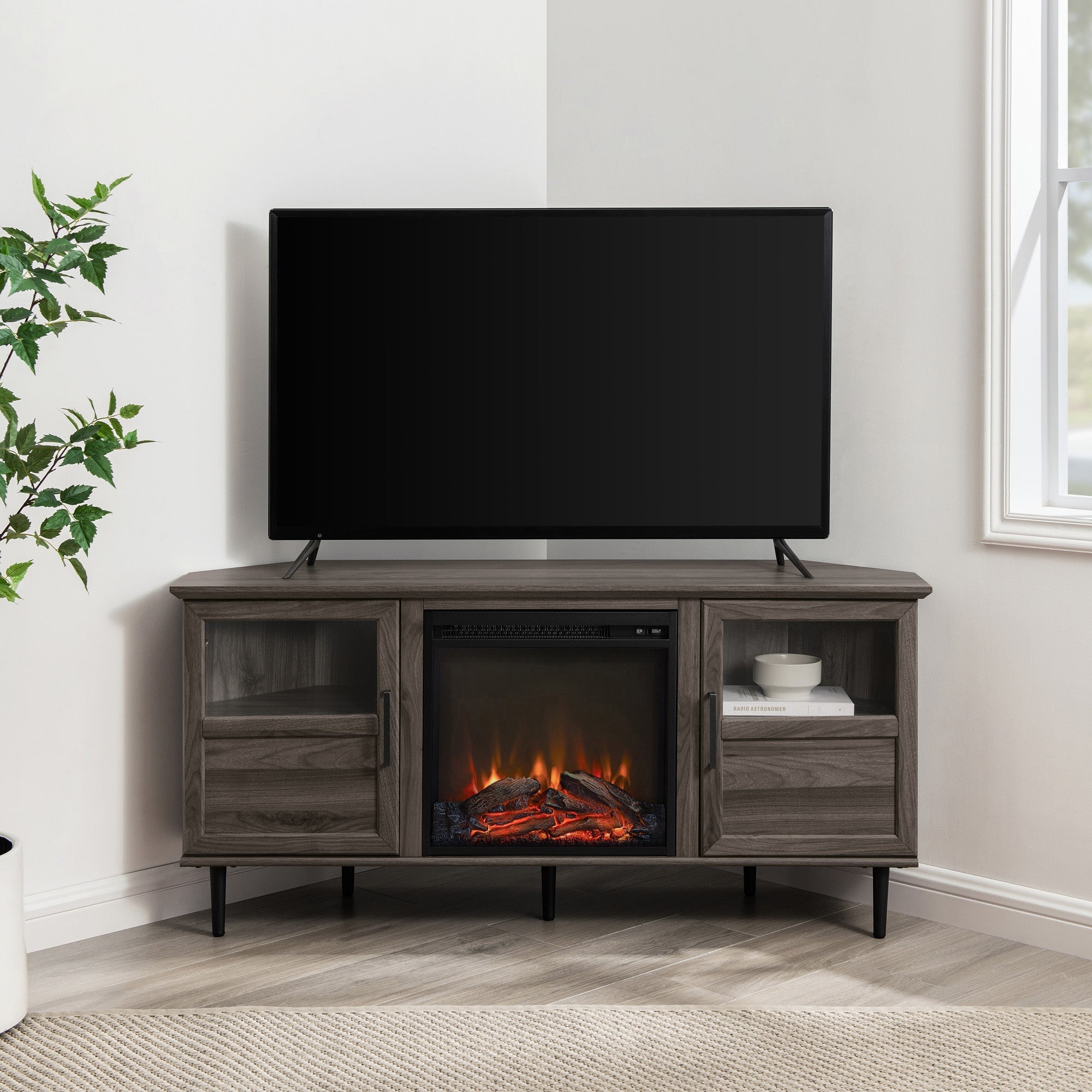 Modern Angled-Side Fireplace Corner TV Stand for TVs up to 60”