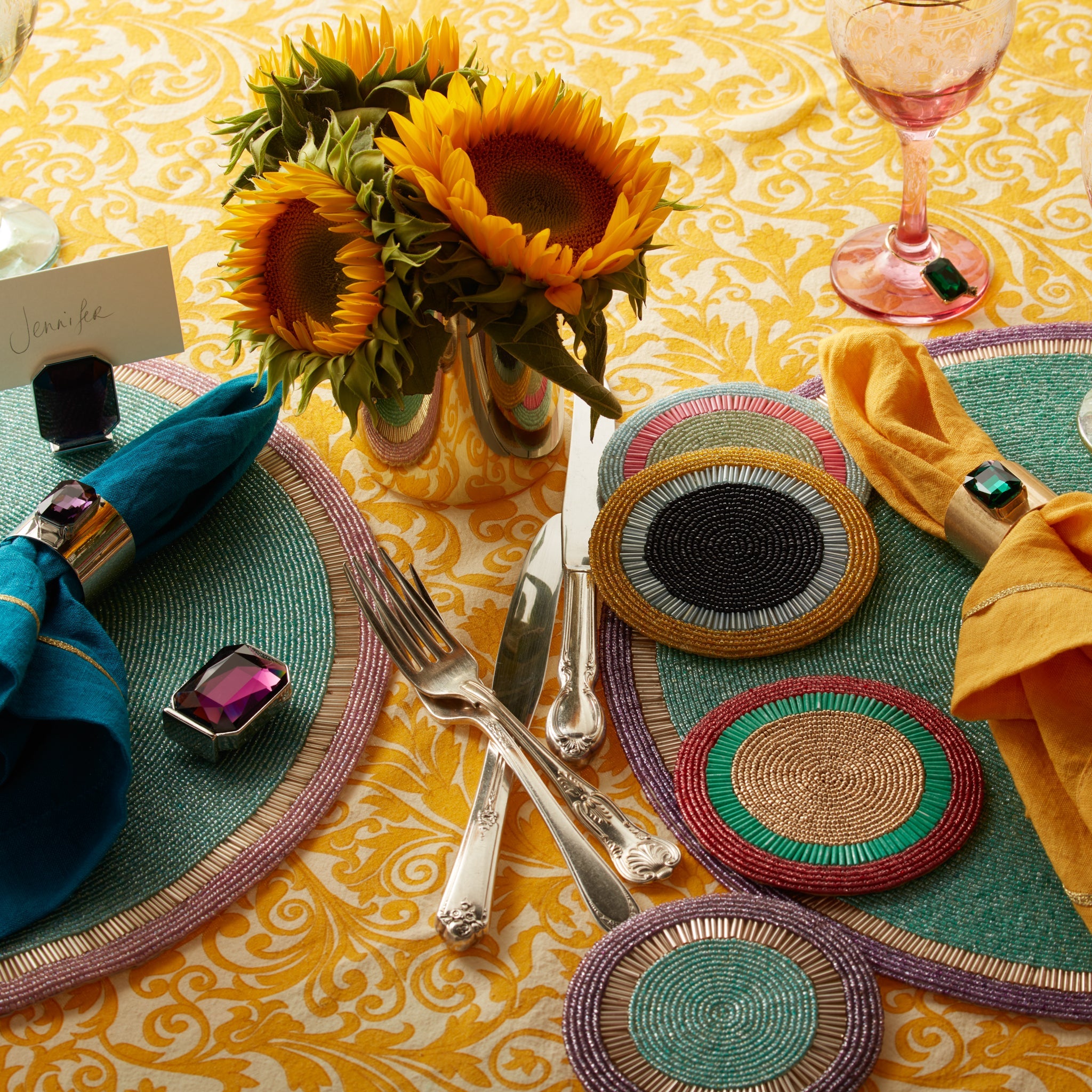 Gold Trim Dinner Napkins, Yellow, Set of Two