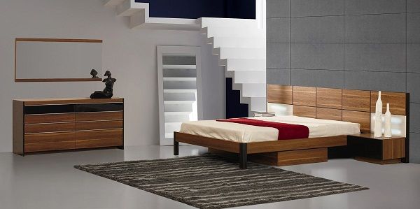 Queen Rondo Modern Platform Bed w/ Nightstands Storage And Lights