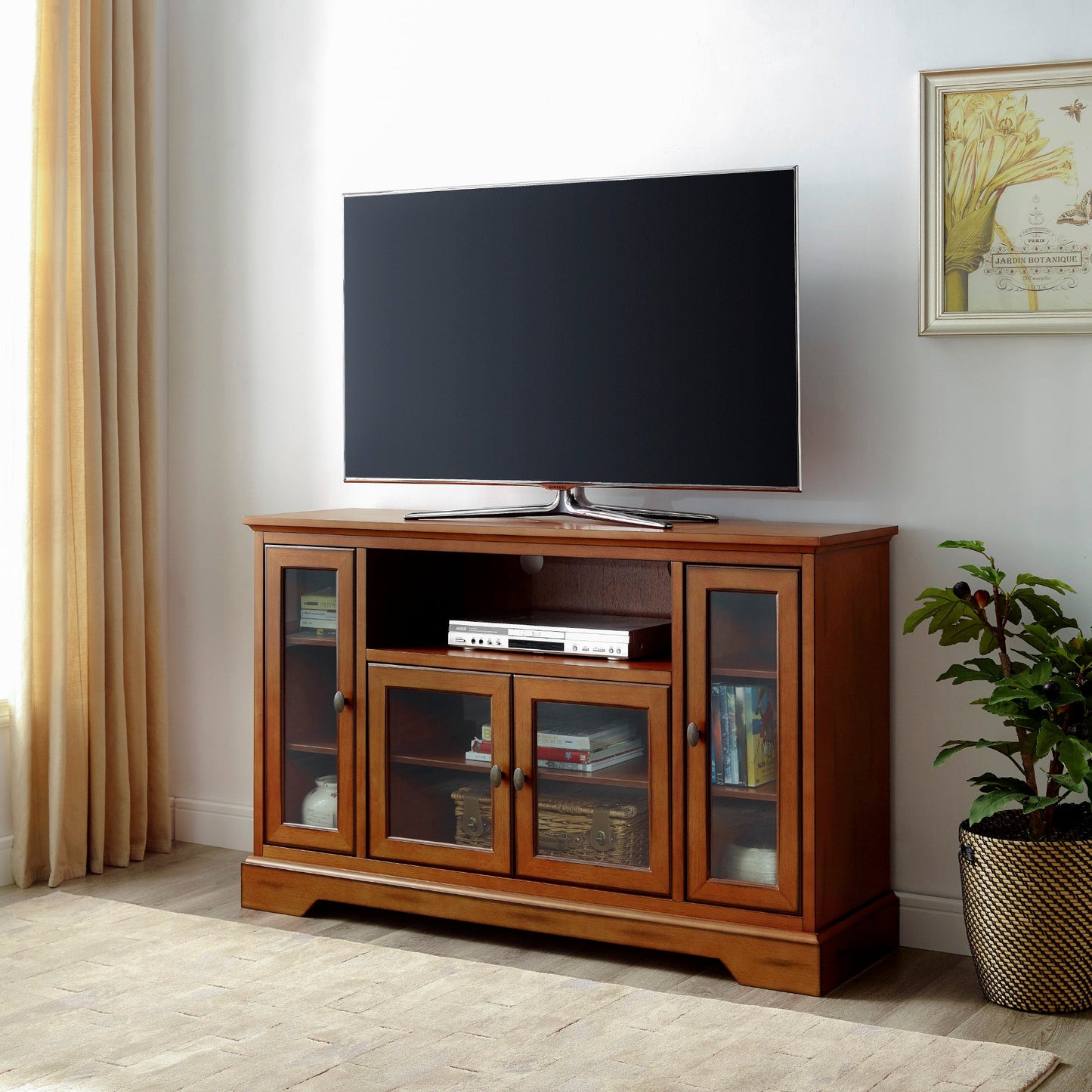 Highboy Transitional Glass Wood TV Stand