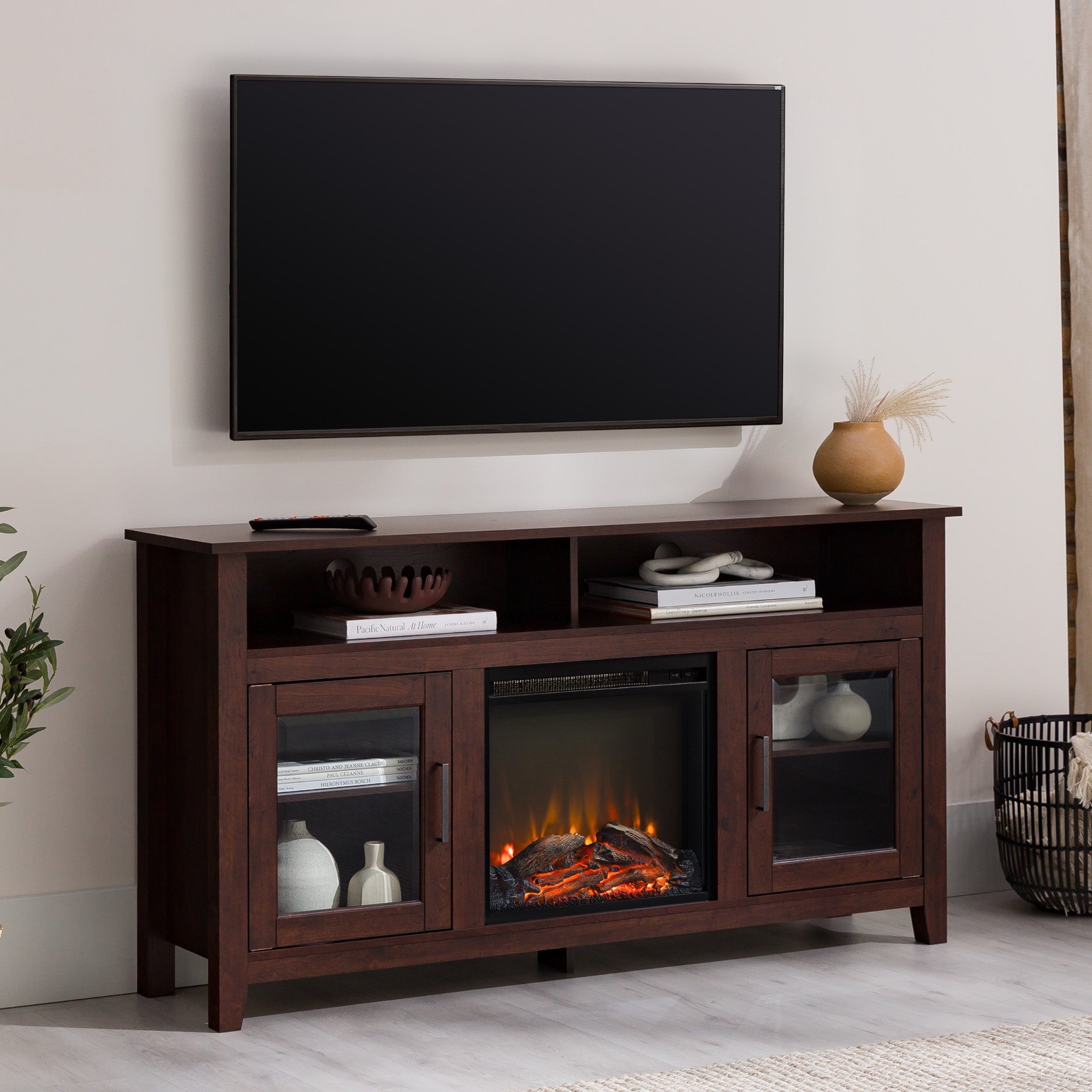 Wasatch 58" Transitional Fireplace Glass Wood TV Stand