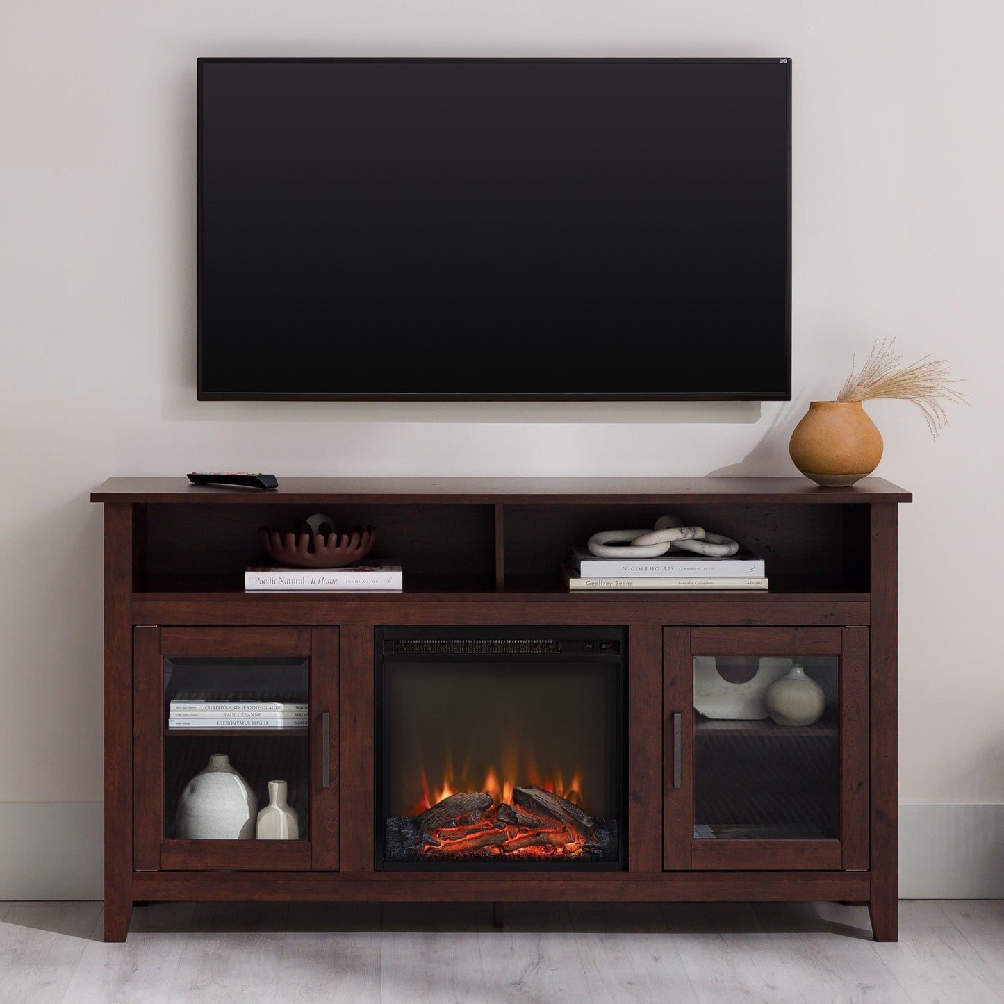 Wasatch 58" Transitional Fireplace Glass Wood TV Stand