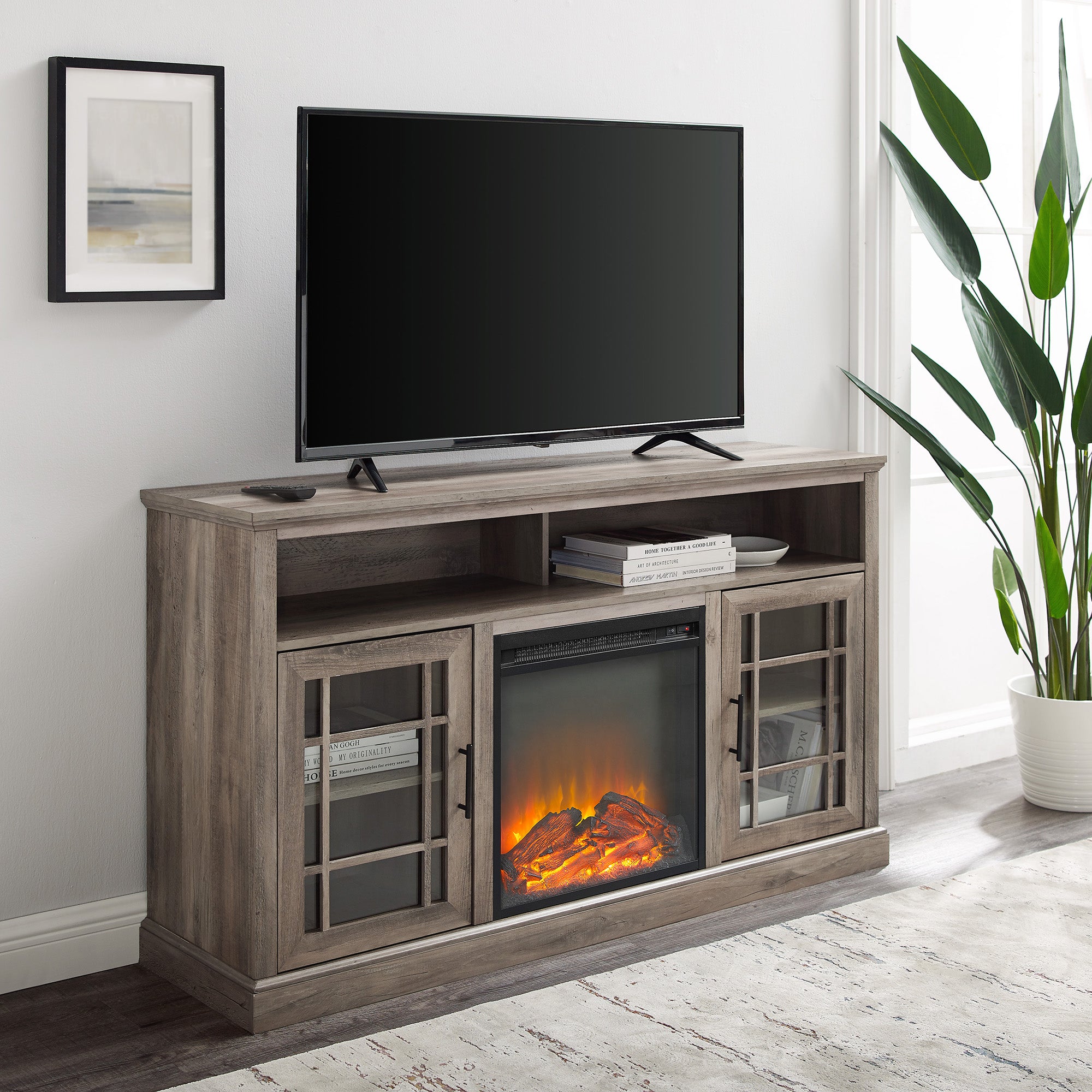 Hazel 58" Classic Glass Door Highboy Fireplace TV Stand