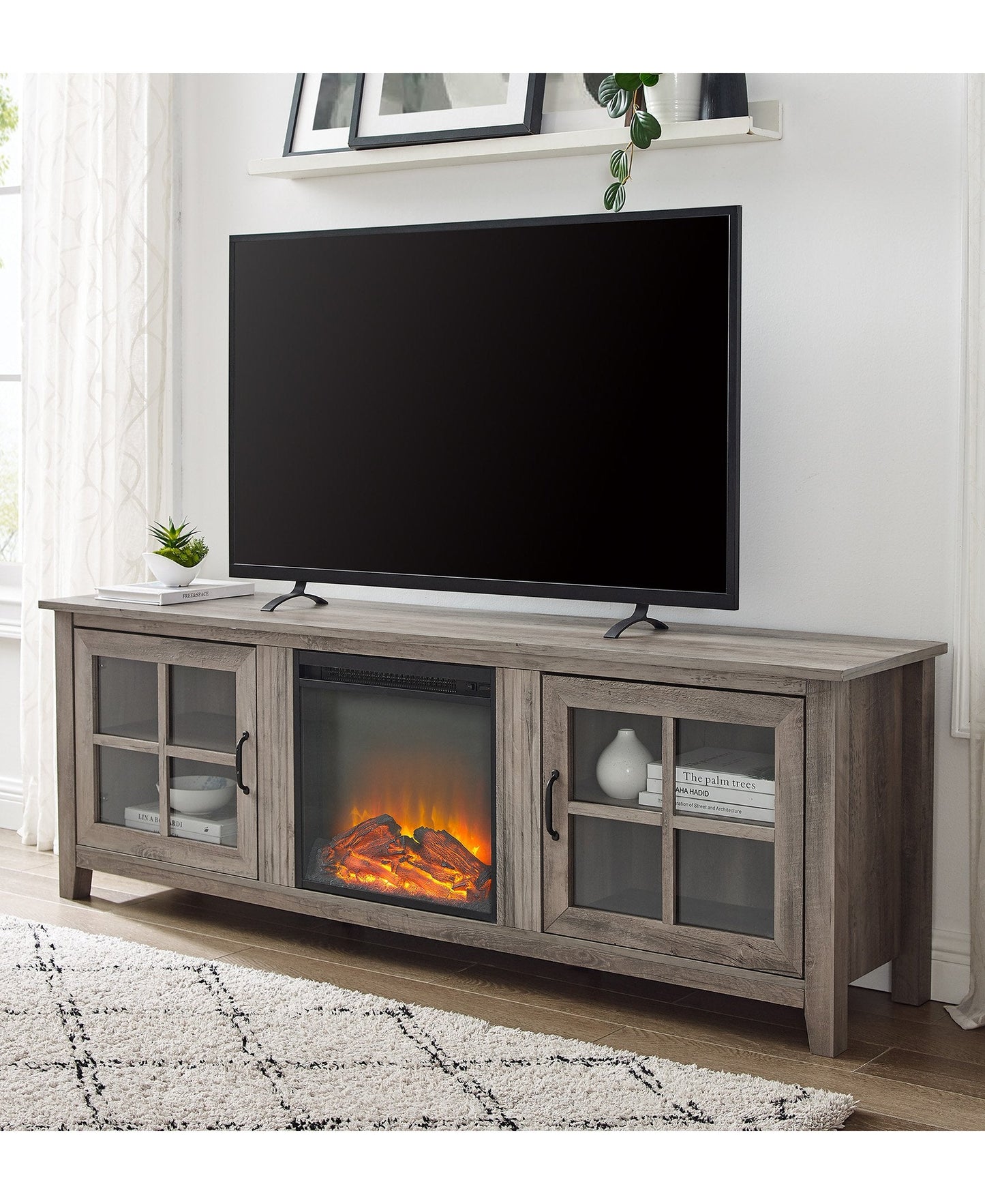 Simple Fireplace Console with Glass Doors