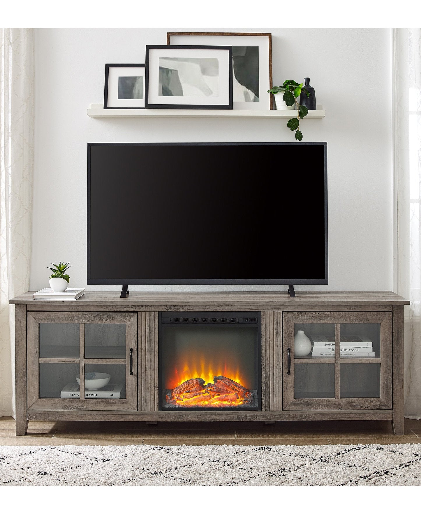 Simple Fireplace Console with Glass Doors