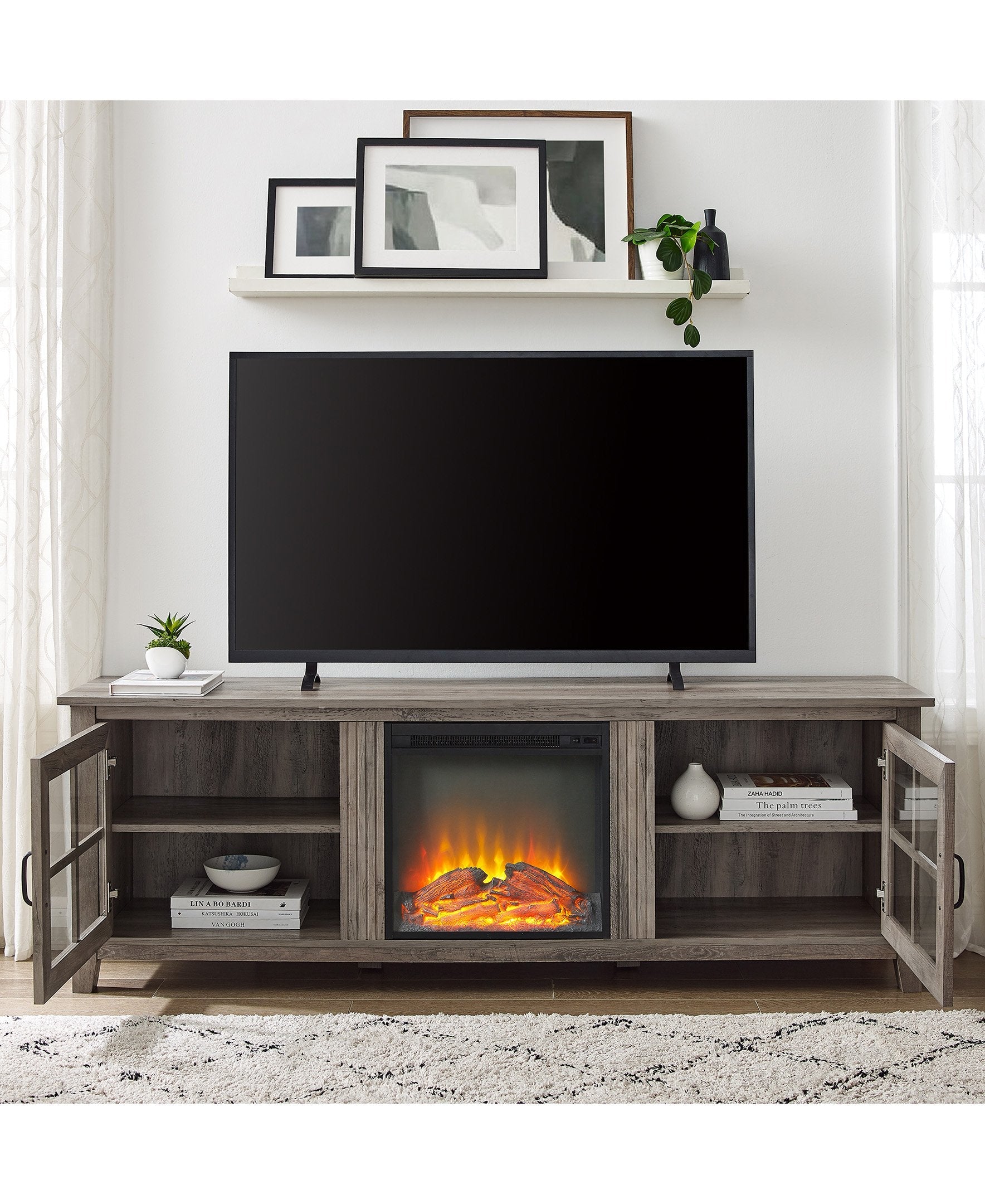 Simple Fireplace Console with Glass Doors