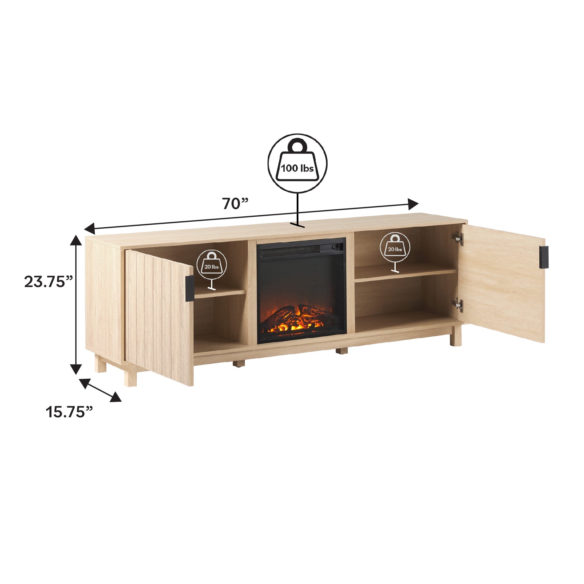 Reema Scandinavian 70" Modern Reeded TV Stand with Freestanding Electric Fireplace