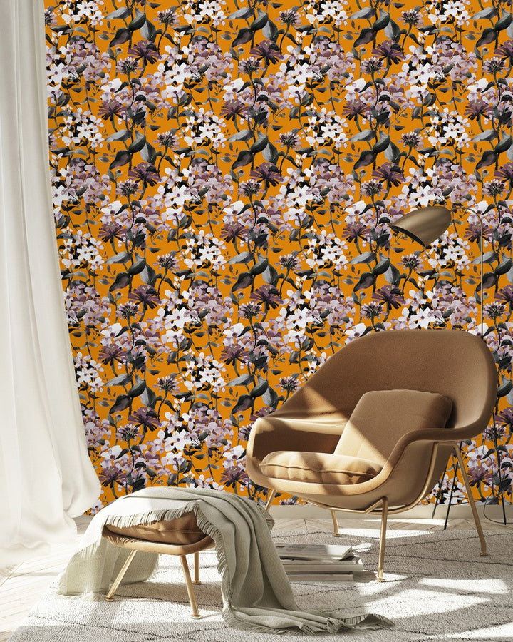 Stylish Orange Wallpaper with Flowers Chic