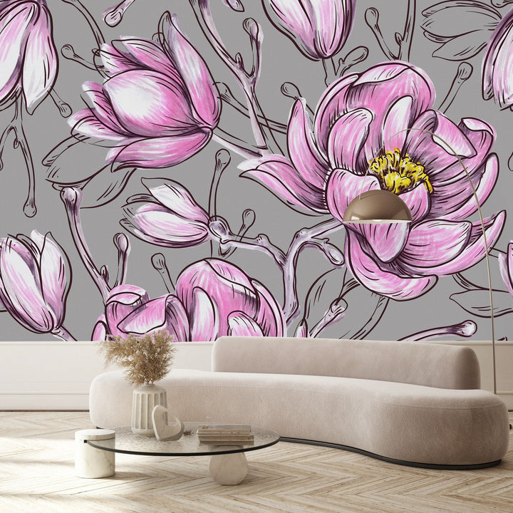 Grey Wallpaper with Pink Flowers