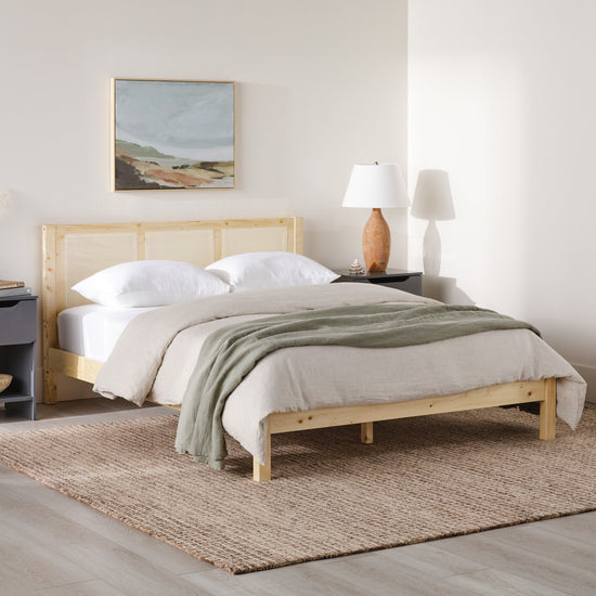 Yasmina Solid Wood Rattan Paneled Platform Bed (Queen or King)