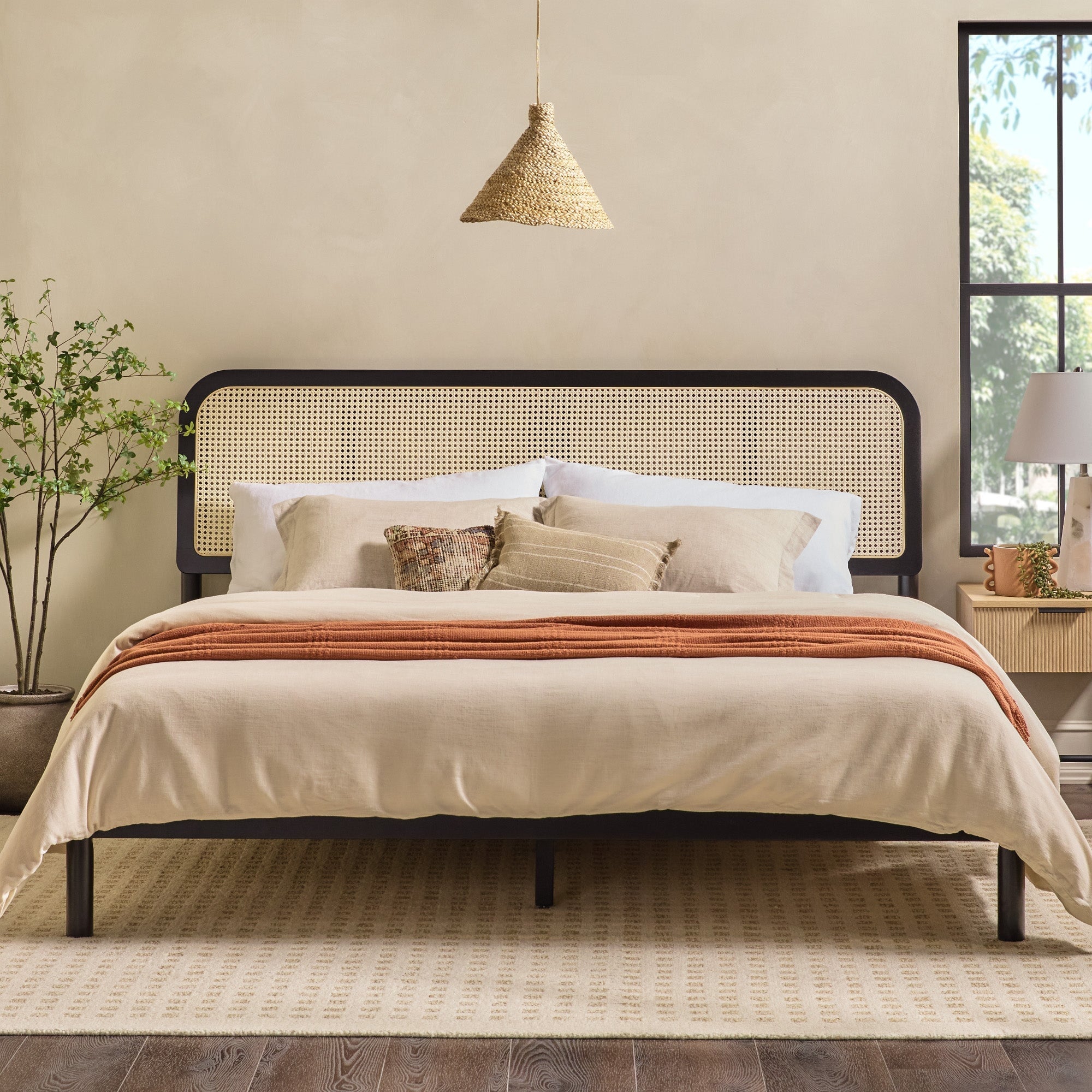 Neru Boho Curved Rattan-Headboard Bed Collection (Queen or King)