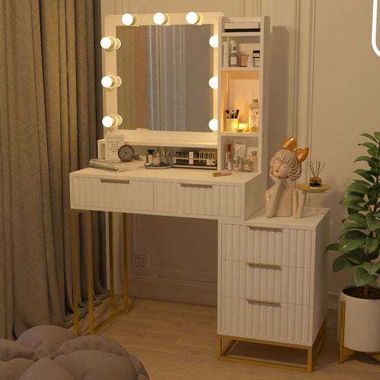 Walker Edison - Makeup Vanity Desk with Mirror and Lights