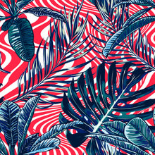 Load image into Gallery viewer, Abstract Stripes Waves with Palm Leaves Wallpaper
