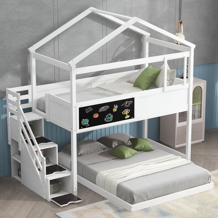 Walker Edison - Twin over Full House Bunk Bed with Storage Staircase and Blackboard, White