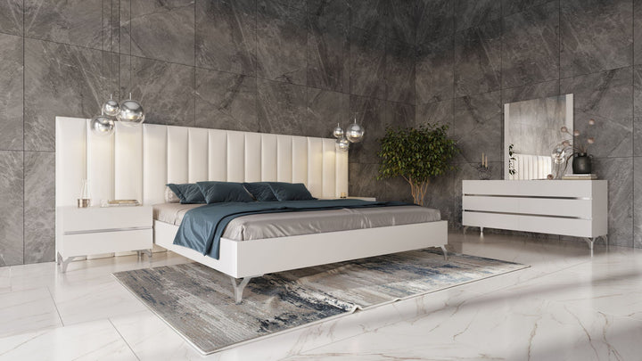 Nova Domus Angela - Queen Italian Modern White Eco Leather Bed w/ Nightstands and Wings