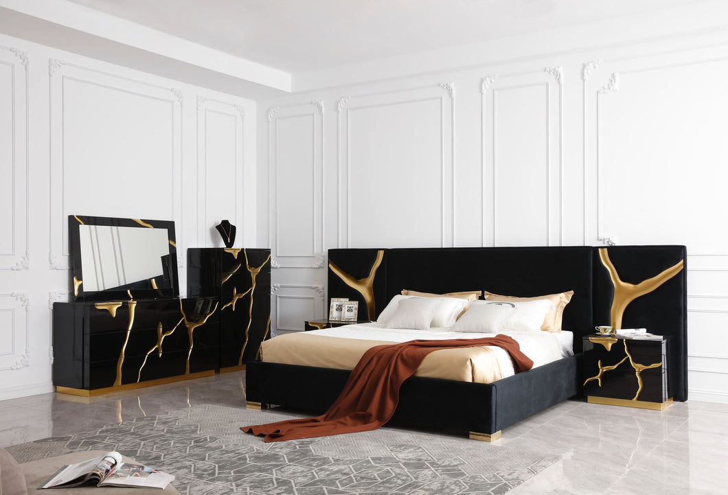 Modrest Aspen - Eastern King Modern Black + Gold Bed + Nightstands