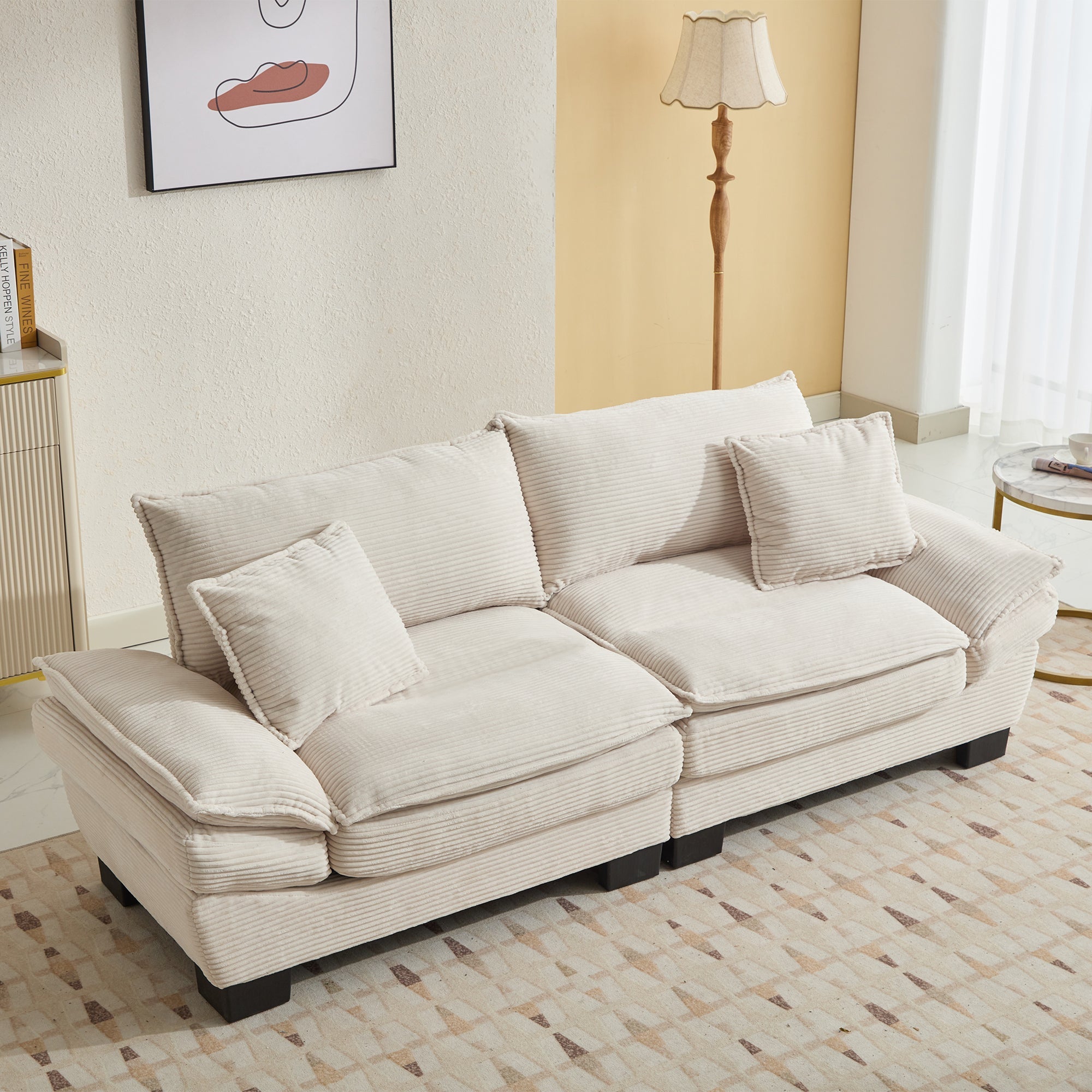 Walker Edison | Corduroy Loveseat Sofa with Pillows Beige