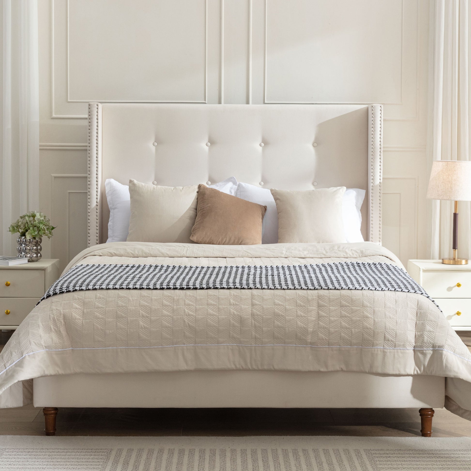 Walker Edison - Peyton Upholstered King Bed / 54" High Headboard / Traditional Hand Buttoned Tufting / Nailhead Trim Wingback / No Box Spring Needed / Easy Assembly / Ivory Velvet