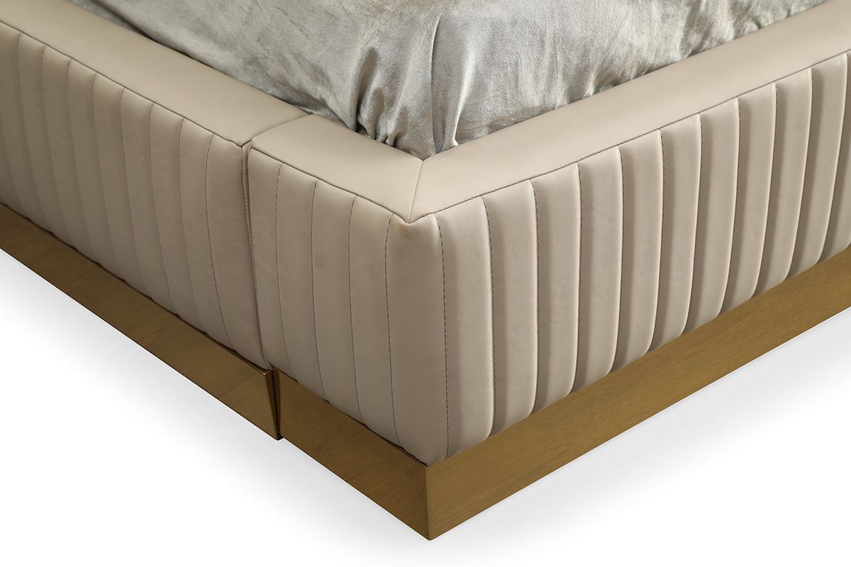 Queen Modrest Sterling Modern Beige Bonded Leather & Gold Bed