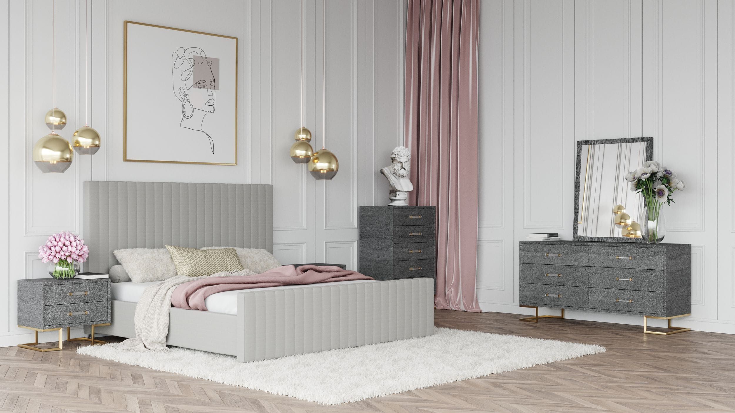 Queen Modrest Beverly - Modern Grey Velvet Bed