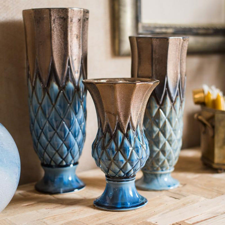 Blue Gold Grid Pattern Glazed Ceramic Vase Collection