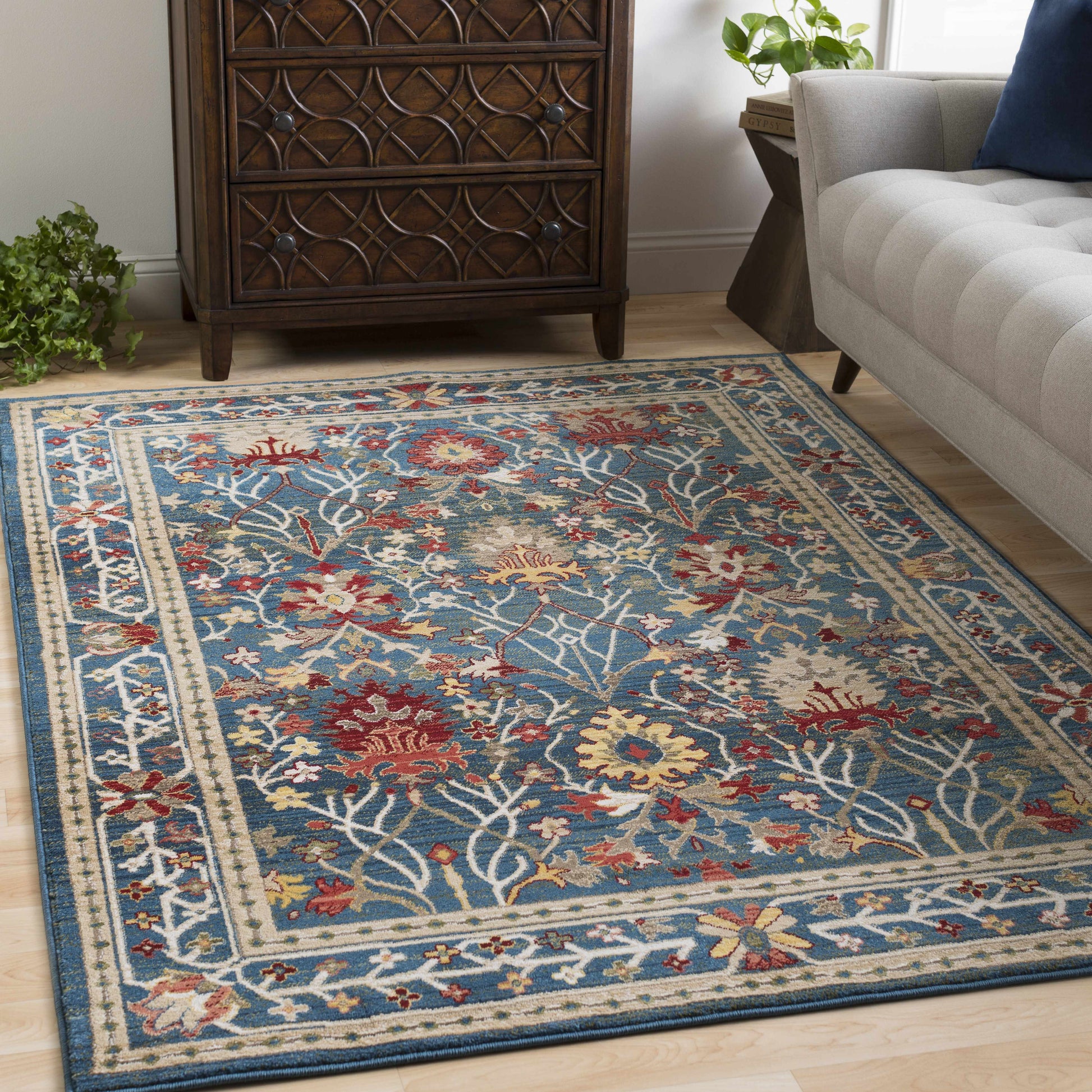 Neola Polypropylene Damask Rug, Navy