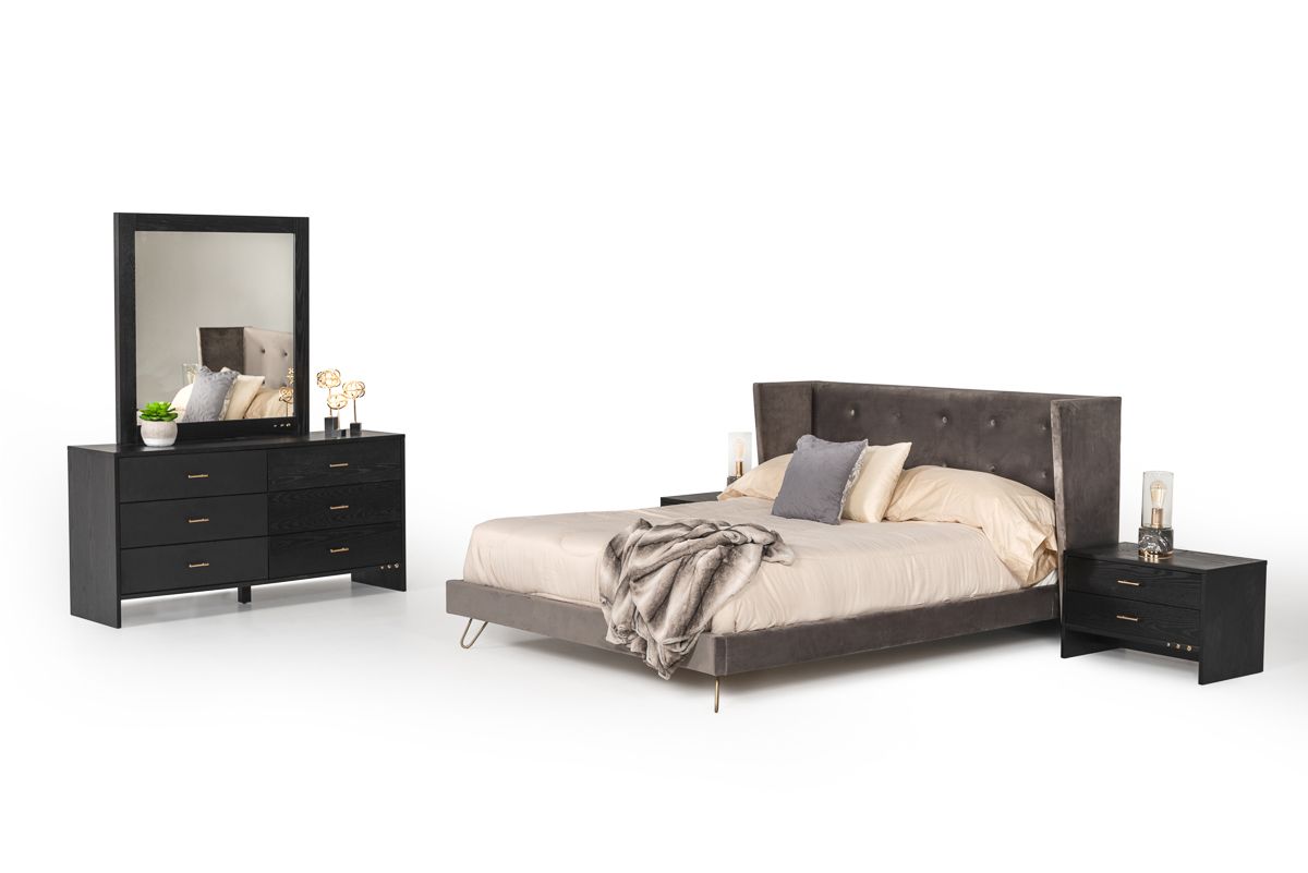 Queen Nova Domus Bryan Modern Grey Velvet & Gold Bed