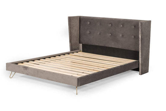 Queen Nova Domus Bryan Modern Grey Velvet & Gold Bed