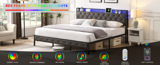 Walker Edison - Upholstered Storage Charging Station and LED Lights Bed