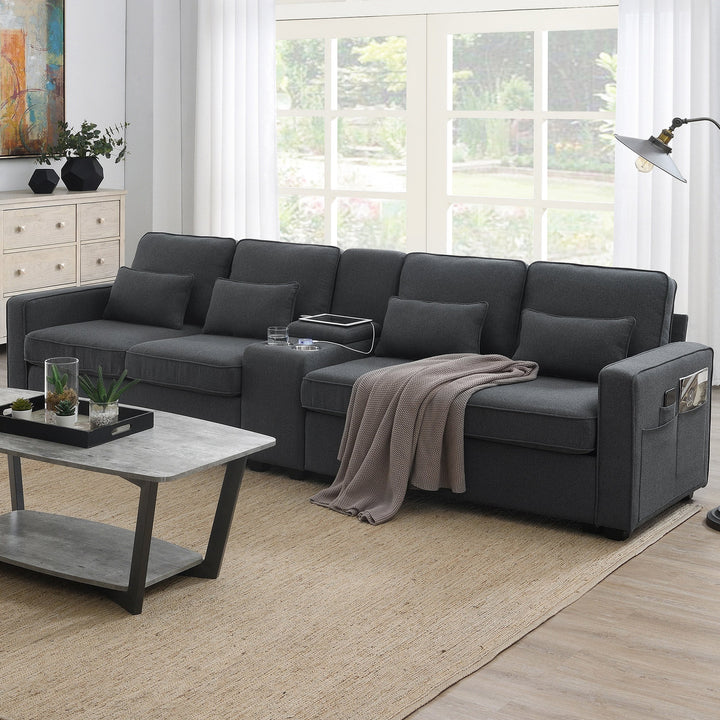 Walker Edison - Modern Linen 114" Sofa with Console and USB