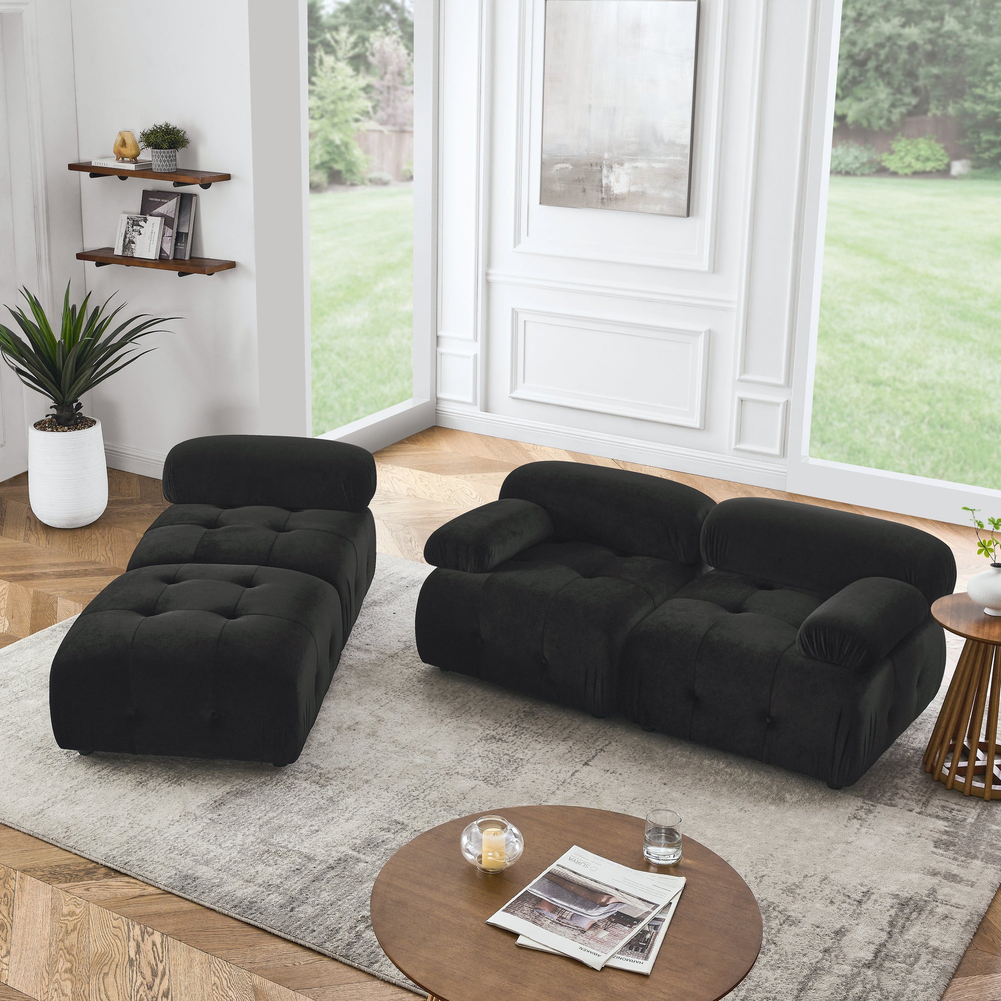 Walker Edison - Modular Sectional Sofa, Button Tufted Designed and DIY Combination, L Shaped Couch with Reversible Ottoman, Black Velvet