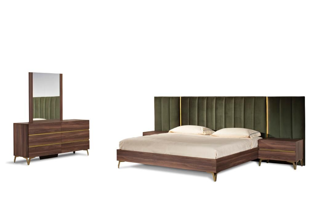Queen Nova Domus Calabria Modern Walnut & Green Velvet Bedroom Set
