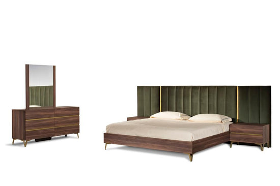 Eastern King Nova Domus Calabria Modern Walnut & Green Velvet Bed & Nightstands