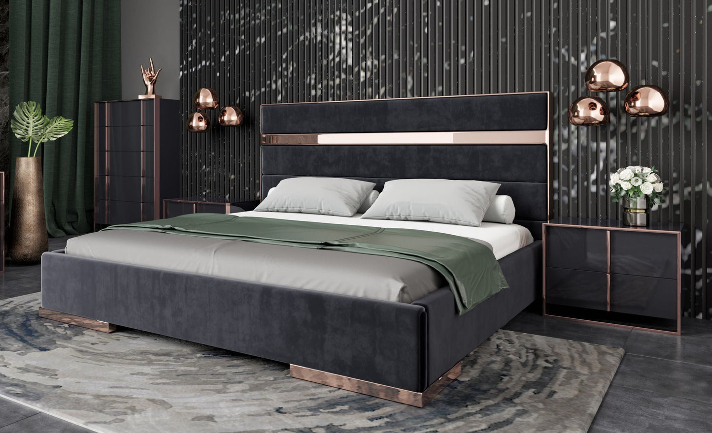 Queen Nova Domus Cartier Modern Black Velvet & Brushed Bronze Bed