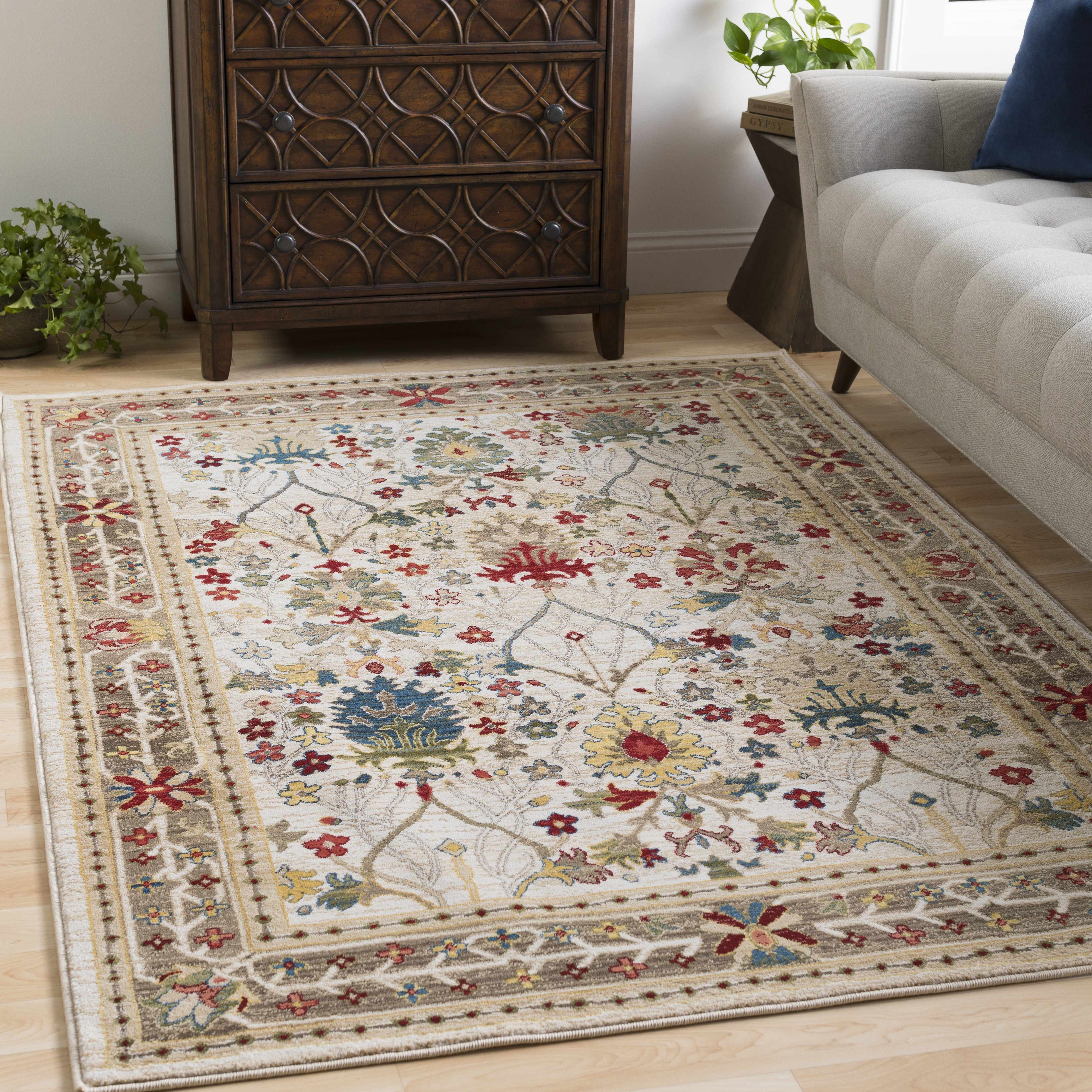 Neola Polypropylene Damask Rug, White/Brown