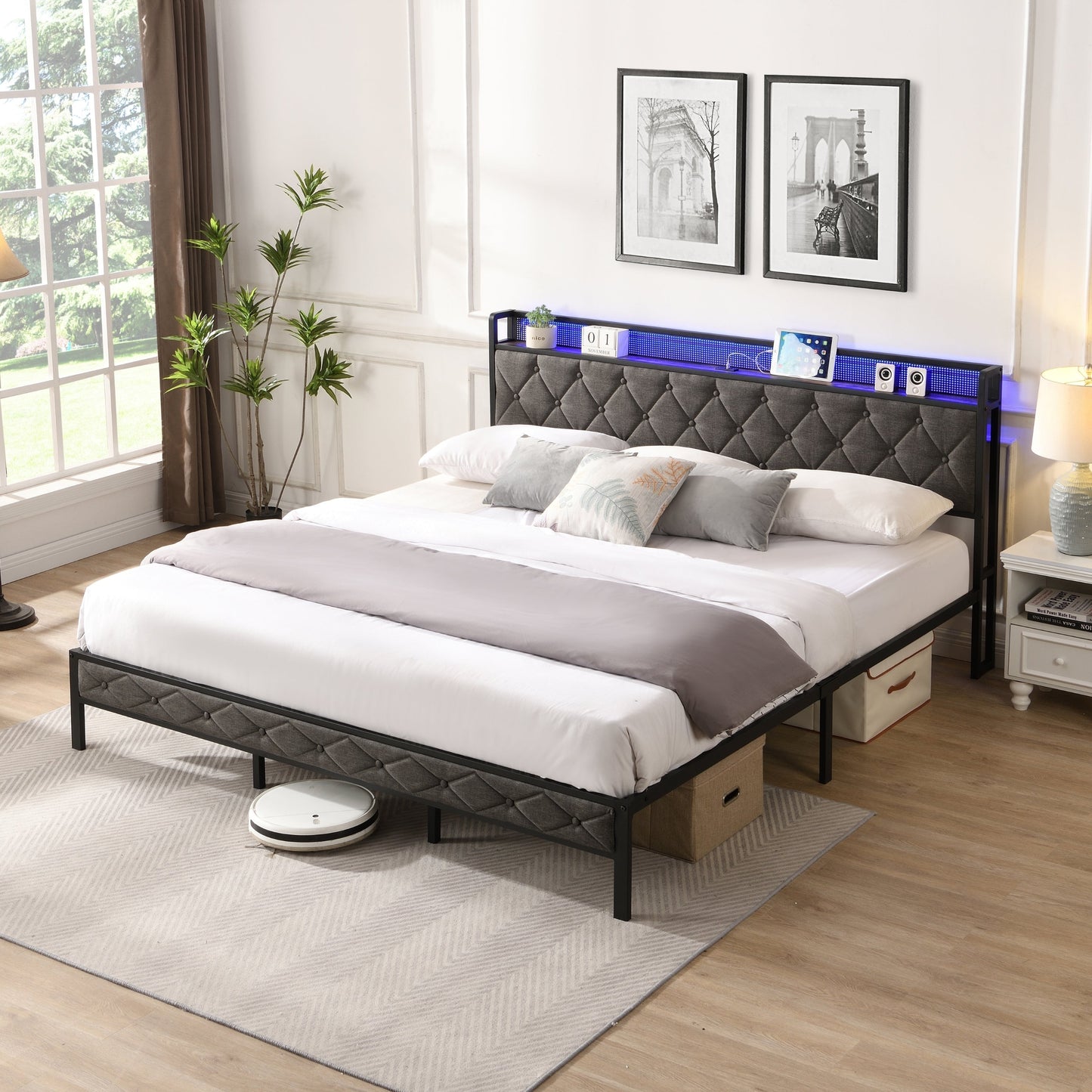 Walker Edison - Upholstered Storage Charging Station and LED Lights Bed