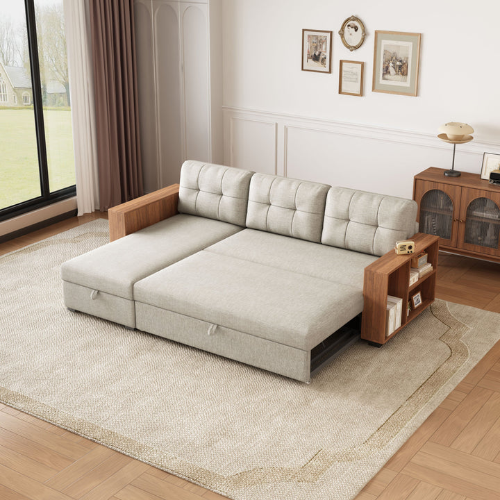 Walker Edison | Linen Pull Out Sectional Sofa with Storage Chaise