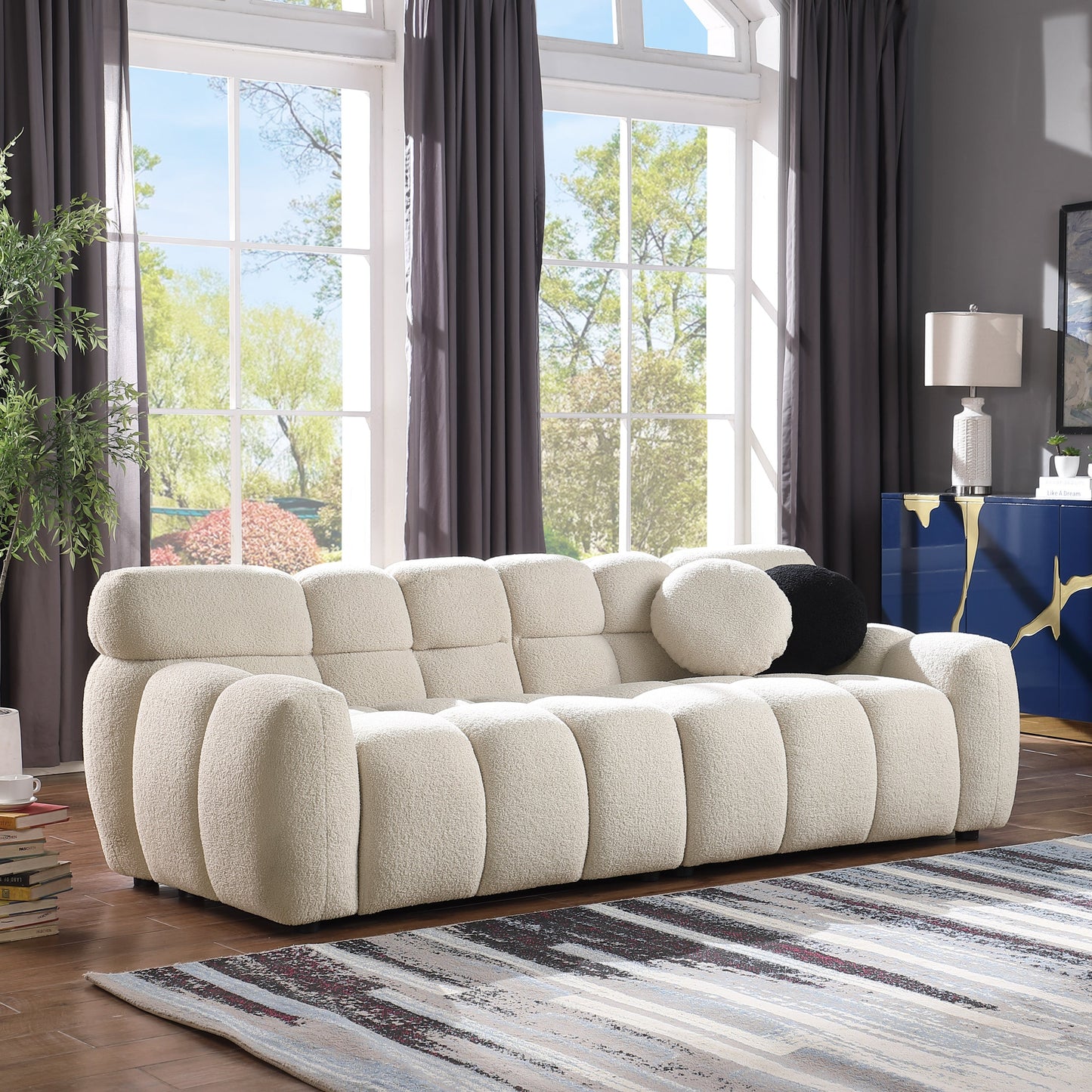 Walker Edison - 87.4 length, 35.83" depth, human body structure, marshmallow sofa, boucle sofa, 3 seater, BEIGE BOUCLE