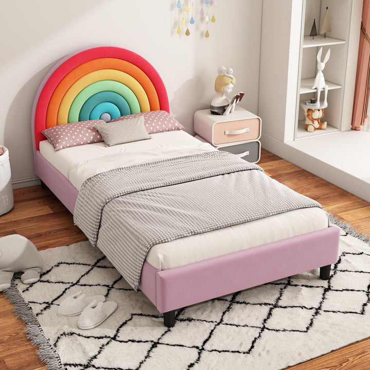 Walker Edison - Rainbow Design Upholstered Twin Platform Bed Cute Style Princess Bed for Boys & Girls, Teens, Colorful & Pink