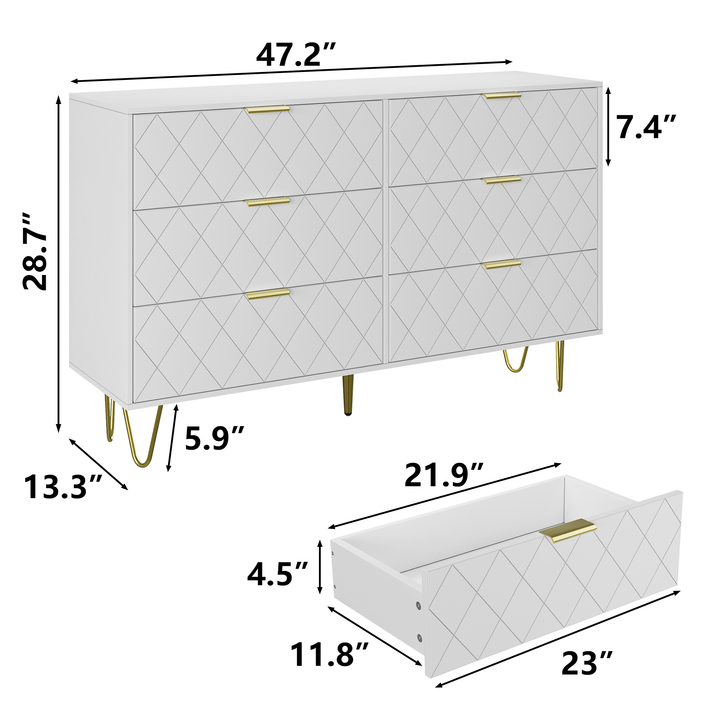 Walker Edison - Modern white 6 Drawers for Bedroom ,Big Size Wooden drawers with Gold Handles,  Chest Dresser with Deep Drawers