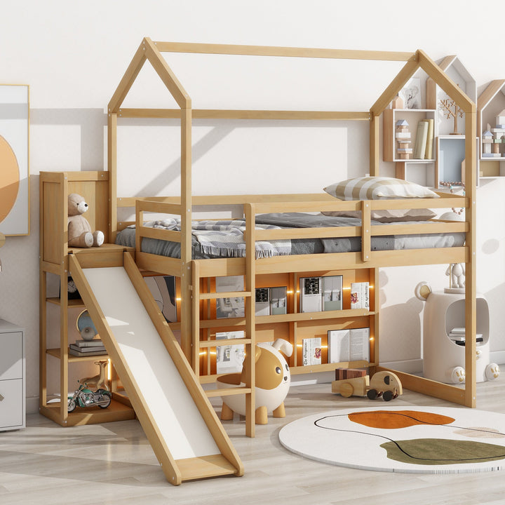 Walker Edison - Twin Size Wood House Loft bed with Slide, Storage shelves and Light, Climbing Ramp, Wood Color