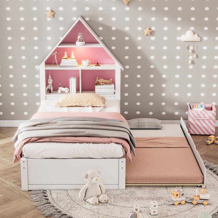 Walker Edison - Twin Size House-Shaped Bed with Bookcase Headboard and Led Light and Twin Size Trundle for Kids Boys Girls, Pink+ White