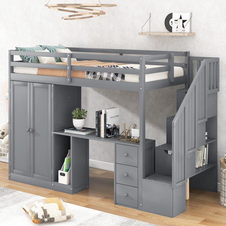 Walker Edison - Twin Size Loft Bed with Wardrobe and Staircase, Desk and Storage Drawers and Cabinet in 1, Gray