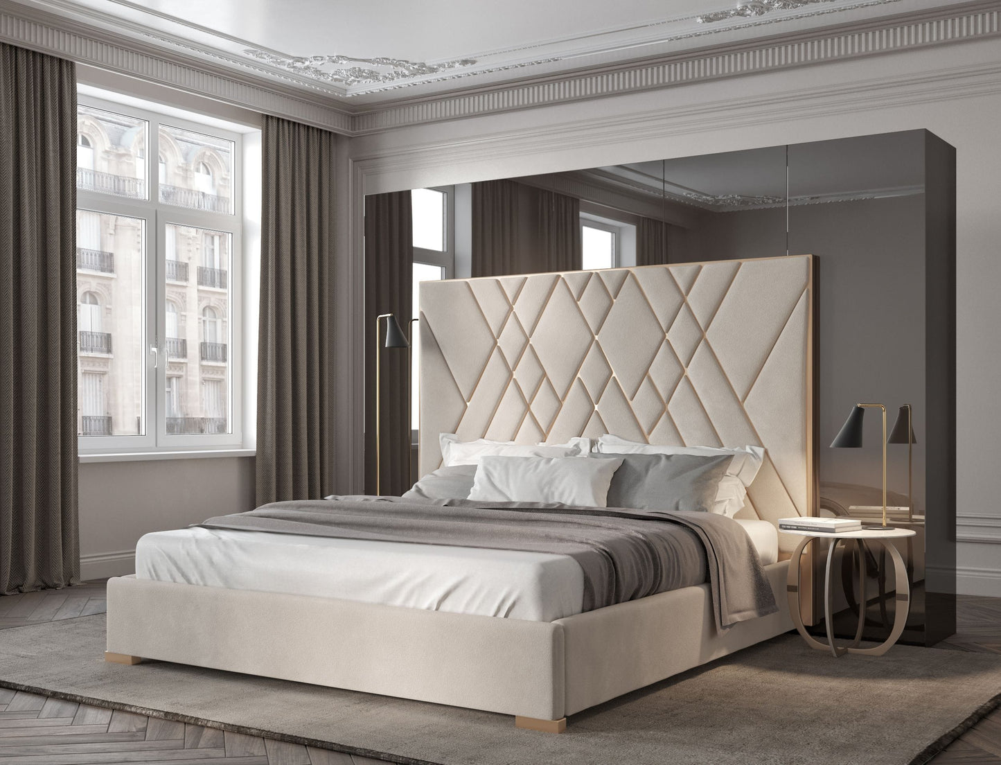 Modrest Eldora - Queen Glam Beige Velvet and Brushed Brass Bed